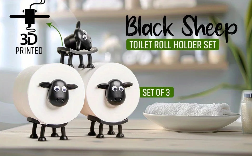 1/3PCS Funny Sheep Toilet Paper Holder 3D Printed Black Loo Roll Stand - Free Standing Bathroom Decor Humorous Gift for Home